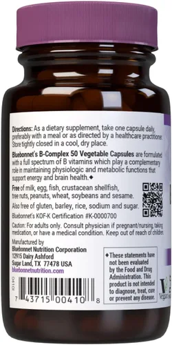 Vista 3 de Bluebonnet Nutrition B Complex 50 cápsulas vegetales, espectro completo completo, vitamina B6, B12, biotina, folato, vegano, vegetariano, sin