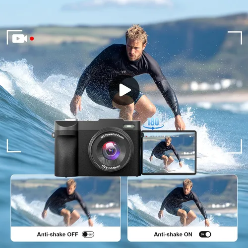 Vista 3 de Cámara digital 4K para fotografía de enfoque automático, cámara compacta de 50 MP con pantalla abatible de 180°, zoom digital de 16X, cámara