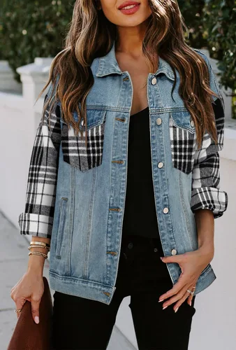 Vista 3 de SANMM Chaqueta de mezclilla con botones para mujer, ajuste regular, manga larga, elástica, con bolsillos
