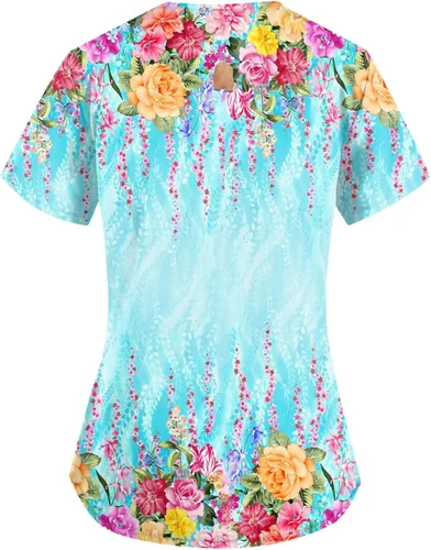 Vista 2 de Blusa médica con estampado de flores para mujer, talla grande, cuello en V, manga corta, verano, trabajo, enfermera, tallas S-5XL