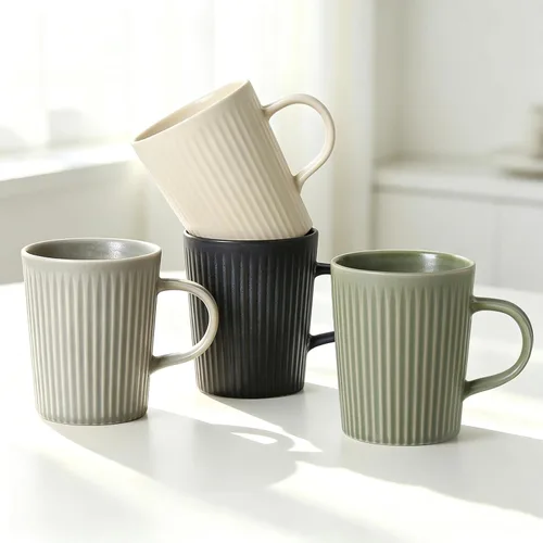 Vista 10 de Juego de 4 tazas de café, tazas de café grandes de cerámica a rayas de 16