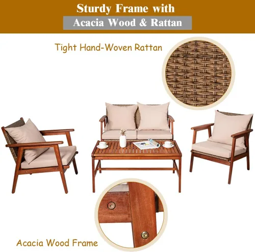 Vista 7 de Tangkula juego de 4 sofás de madera de patio, juego de asientos de madera de acacia para exterior con cojines y mesa de centro, juego de sofá