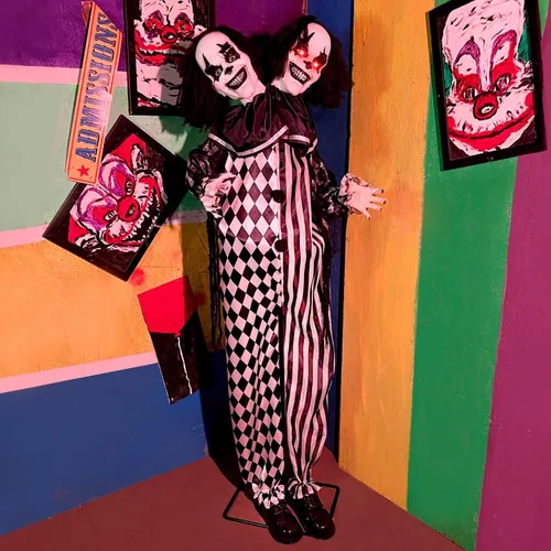 Vista 2 de Haunted Hill Farm - Payaso animatrónico de dos cabezas que habla aterrador de 5.5 pies Life-Size 5.5-Ft Talking Two-Headed Clown, Touch Lights and
