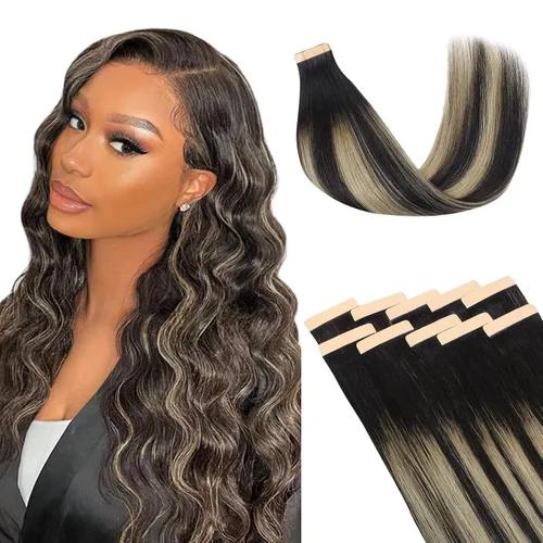 Vista 37 de Extensiones de cabello Lashey de 14 pulgadas; extensiones de cabello humano real lacio color negro azabache con trama adhesiva para mujeres, 20