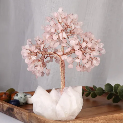 Vista 3 de Nupuyai Árbol de cristal de cuarzo rosa curativo hecho a mano con racimo de cuarzo de roca, árbol de dinero bonsái de piedra energética, decoración