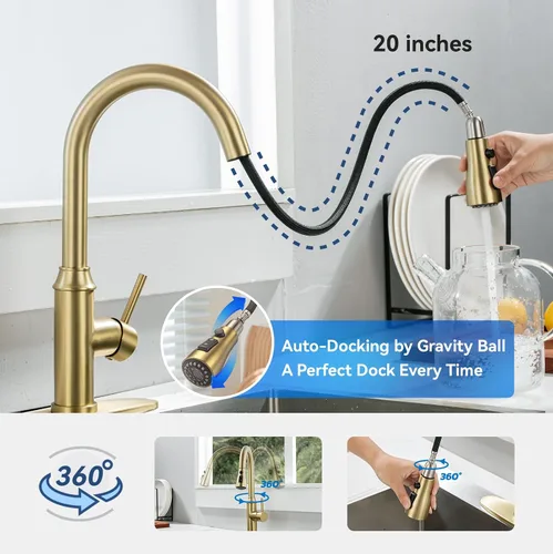 Vista 5 de Grifo de cocina dorado con rociador, grifo de fregadero de cocina de una sola manija con rociador extraíble, bronce champán, Arofa Pull down, 360°