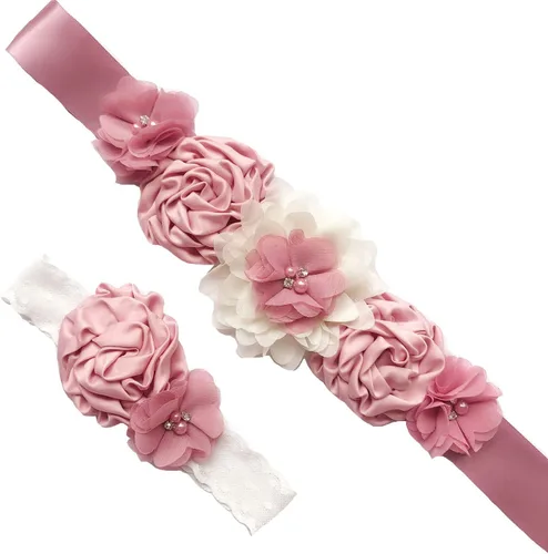 Vista 2 de Lauthen.S Conjunto de diadema con cinturón de flores de maternidad, banda para baby shower para mujeres y niñas