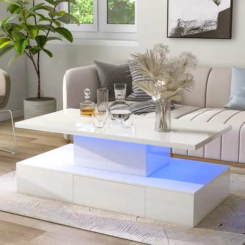 Vista 9 de LUMISOL Mesa de centro brillante con cajón de almacenamiento y luz LED, mesa central rectangular de 2 niveles, color blanco