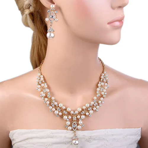 Vista 6 de Conjunto de collar de perlas de imitación de marfil blanco con diamantes de imitación transparente austriaco, conjunto de joyas de plata u oro