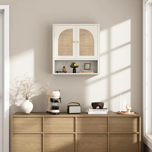 Vista 6 de RUSTOWN Mueble de pared de baño de ratán con 2 puertas arqueadas y estante Blanco rústico