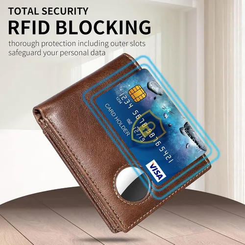 Vista 32 de Swallowmall AirTag Billetera para hombre con bloqueo RFID, de piel auténtica, plegable, para AirTag con 1 ventana de identificación, 13 tarjeteros