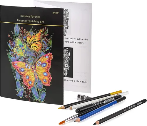 Vista 6 de Prina Juego de dibujo de 76 piezas, suministros de dibujo Pro Art con cuaderno de bocetos de 3 colores, incluye tutorial