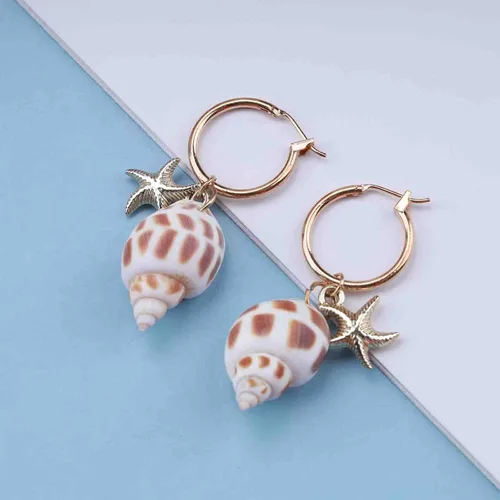 Vista 5 de Erimberate Aretes de aro de concha de concha de mar bohemios, aretes colgantes de estrella de mar dorados, aretes de concha, aretes de estrella