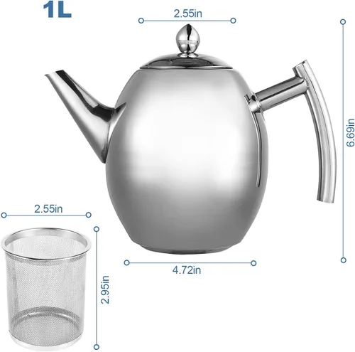 Vista 7 de Tetera de acero inoxidable con filtro de infusor extraíble, gran capacidad, 33 onzas (1 litro)
