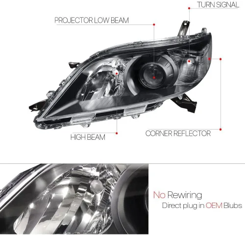 Vista 3 de Faro delantero negro cristal transparente para Toyota Sienna 2011
