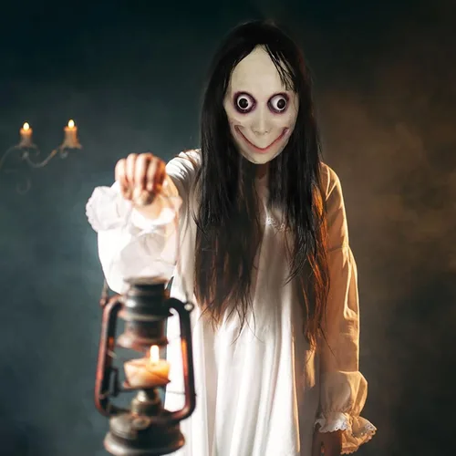 Vista 2 de Máscara MOMO espeluznante de Halloween, hecha a mano de látex aterrador, máscara de goma para fiesta de cosplay