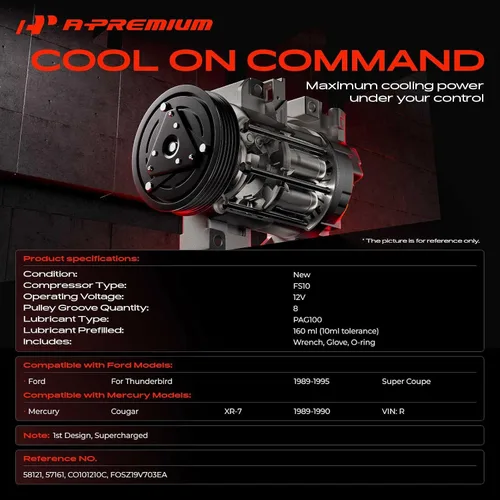 Vista 2 de A-Premium Compresor de aire acondicionado con embrague compatible con Ford Thunderbird (Super Coupe) 1989-1995 y Mercury Cougar (XR-7) 1989-1990