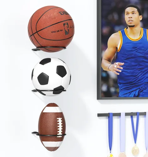 Vista 8 de Ball Holder Wall Mount Set –Sports Ball Racks for Basketball, Soccer, Volleyball, Football – Wall Storage & Display for Sports Room