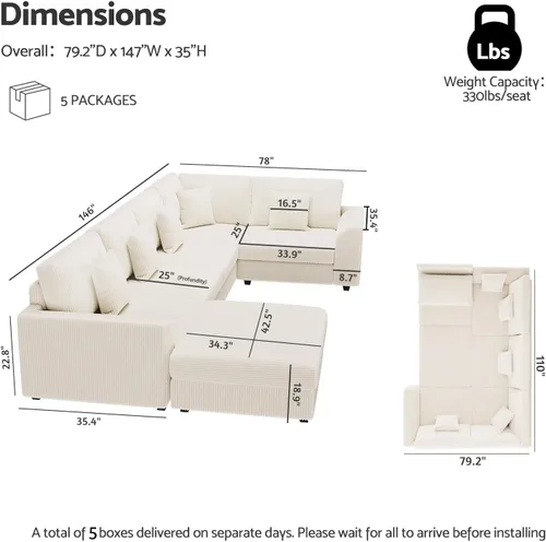 Vista 2 de Sofá seccional modular de 146", en forma de U de gran tamaño, sofá cama convertible, asiento profundo cómodo sofá nube con otomana y 5 almohadas