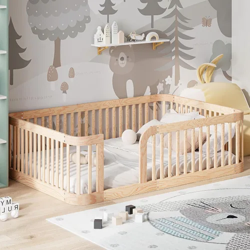 Vista 16 de Cama Montessori de madera tamaño matrimonial con valla de alta Blanco (White F)