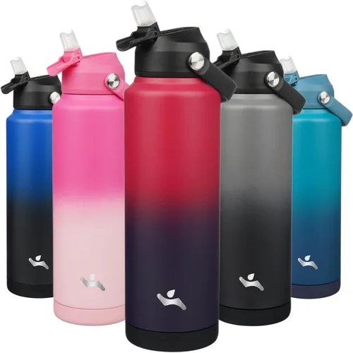 Vista 23 de Konokyo Botella de agua aislada con tapa de pajilla, botella de metal al vacío de acero inoxidable de 18 onzas con mango de silicona, color negro