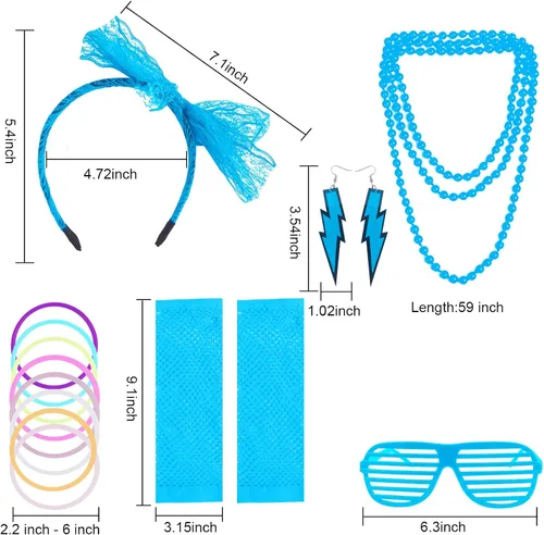 Vista 2 de ONUPGO 80s Costume for Women, 80s Accessories Fancy Dress Neon Headband Earrings Fishnet Gloves Necklace for 80s Retro Party
