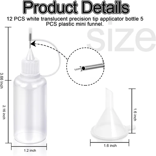 Vista 2 de YGDZ Botellas Aplicadoras de Punta de Precisión, 12 Piezas Botellas de Pegamento de Punta Fina con Aguja de 1 Onza con 5 Mini Embudos Punta Blanca