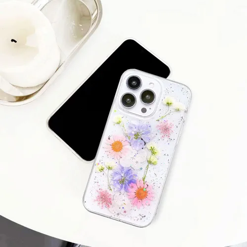 Vista 5 de Abbery Funda diseñada para iPhone 13 Pro con diseño de flores prensadas con purpurina y diseño de goma de silicona suave, diseño de flores reales