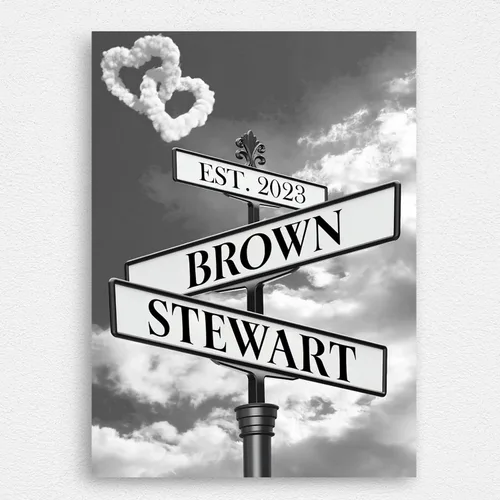 Vista 8 de Cartel de calle vintage de lienzo personalizado para parejas, cartel de cruce de caminos con nombre personalizado, el mejor regalo para parejas