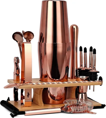 Vista 7 de Kit de coctelera de 17 piezas con soporte, coctelera Boston, cuchara mezcladora, Muddler, jigger medidor, exprimidor de limón, pinzas, sacacorchos