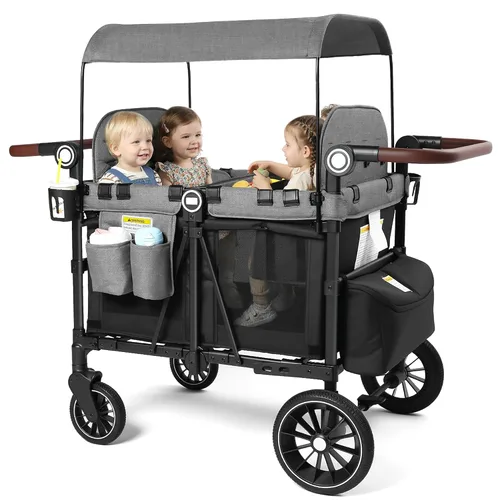 Vista 12 de Kinder King Cochecito Wagon para 4 niños, mango ajustable, gris