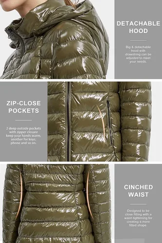 Vista 5 de Orolay Chaqueta acolchada ligera de plumón para mujer, chaqueta acolchada con capucha