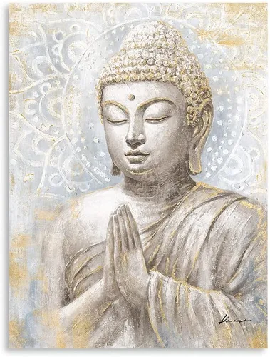 Vista 8 de Lienzo de Buda dorado para la pared: 3D texturizado mandala flor flor Buddha pintura Zen impresión en azul para yoga, meditación, sala de Buda