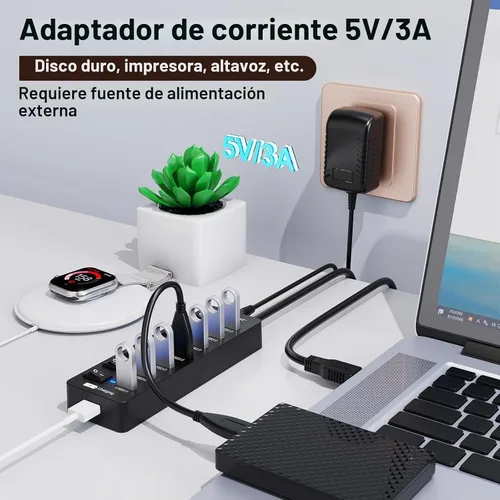 Vista 6 de Hub USB 3.0 alimentado, concentradores VEMONT de 7 puertos múltiples USB y 1 puerto de carga inteligente USB con fuente de alimentación de 5 V/3 A