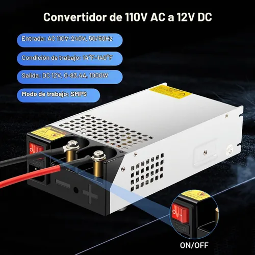 Vista 2 de Convertidor de 1000 W, convertidor de 110 V CA a 12 V CC, fuente de alimentación, transformador de interruptor de corriente máxima de 83 A CC