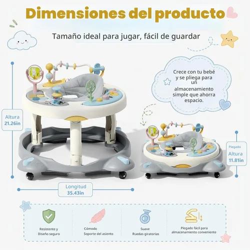Vista 7 de Andador de bebé con ruedas, andador plegable para bebés de 6 a 12 meses, asiento giratorio de 3 posiciones con centro de actividad interactivo Gris
