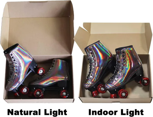 Vista 7 de JajaHoho Patines de ruedas para mujer, de cuero PU holográfico negro de alta calidad, patines de doble fila brillantes con cuatro ruedas para niñas