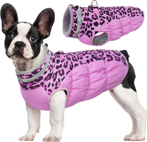 Vista 17 de Abrigo para perro, chaqueta cálida de invierno, acolchada, de vellón, chaleco reflectante con arnés, chaqueta de nieve impermeable con cremallera, a