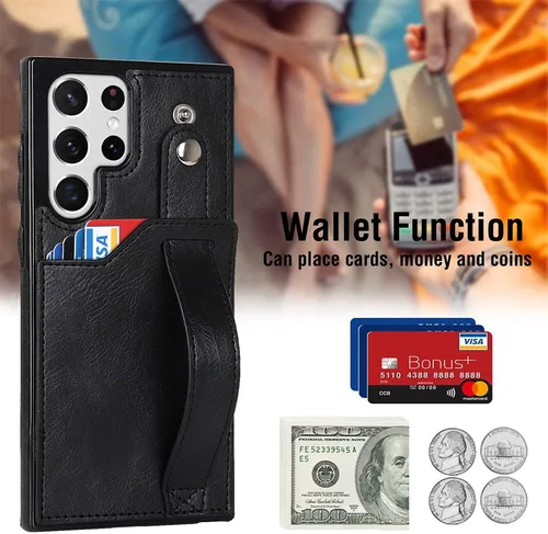 Vista 3 de Funda para teléfono Samsung Galaxy S22 Ultra 5G con protector de pantalla, correa de muñeca ajustable, atril, ranura para tarjetas de crédito