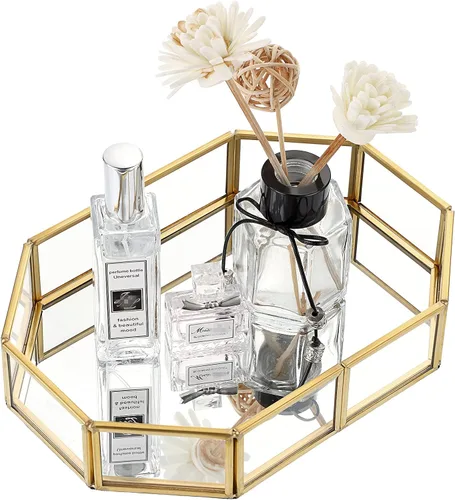 Vista 3 de Hipiwe Mirror Glass Vanity Tray - Gold Ornate Makeup Organizer Perfume Tray