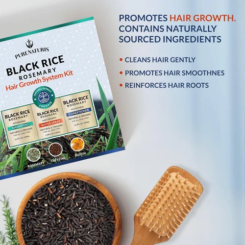 Vista 8 de PureNaturis Champú orgánico de agua de arroz negro con romero para el crecimiento del cabello, spray de agua de arroz, con agua de romero, biotina
