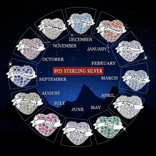 Vista 4 de Dijes de piedra natal de plata de ley 925 con cuentas de corazón de amor para pulsera de dijes Pandora, apto para el día de la madre, Navidad