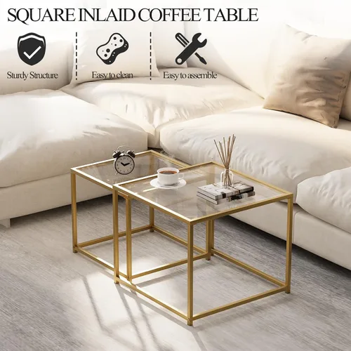 Vista 3 de Mesa de centro de cristal moderna para sala de estar, juego de 2 mesas anidables minimalistas para sala de estar, tapa de vidrio templado con marco
