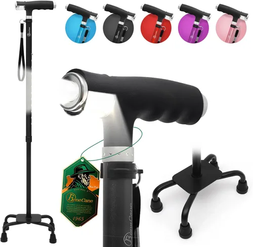 Vista 11 de Bastón BeneCane de cuatro puntas con dos luces LED con base grande, mango en T y ligereza, bastón ajustable para caminar de cuatro puntas resistente
