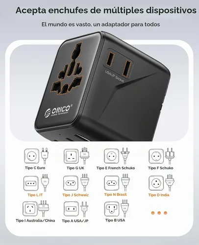 Vista 5 de ORICO Adaptador de viaje universal con 2 CA 2 USB-C y 1 conector USB-A, adaptador de corriente internacional PD 20W, cargador de pared esencial