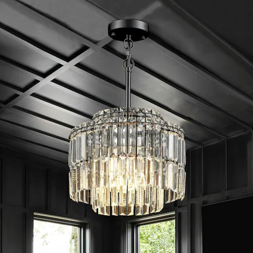 Vista 7 de Moderna lámpara de techo de cristal semiempotrada negra de 12" para comedor, candelabro pequeño de lujo glamoroso de 2 luces para dormitorio