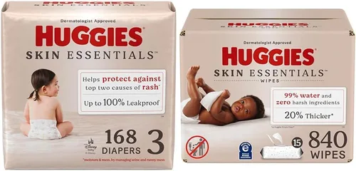 Vista 12 de Huggies Paquete de Skin Essentials: pañales Huggies Skin Essentials, talla 1 (8-14 libras), 204 unidades y toallitas para bebés, 15 paquetes