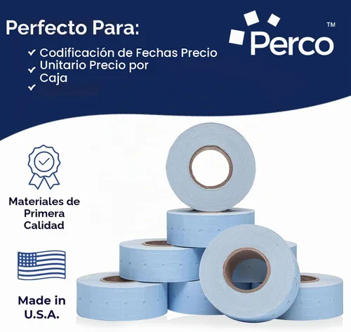 Vista 4 de Etiquetas azules Perco de 1 línea - 8 rollos, 1 funda, 8,000 etiquetas en blanco para pistolas de precio y fecha de 1 línea Perco - Fabricadas