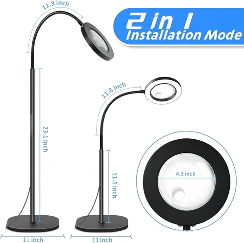 Vista 2 de Lupa de 10X con luz de tres colores de temperatura LED de altura ajustable luces de piso adecuadas para leer, artesanías y comerciantes de joyas