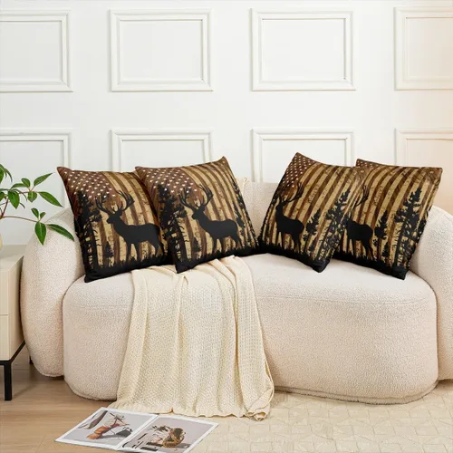 Vista 7 de Funda de almohada de piel de vaca, con bandera estadounidense, ciervos, cuernos de caza, para decoración del hogar, sala de estar, funda de cojín